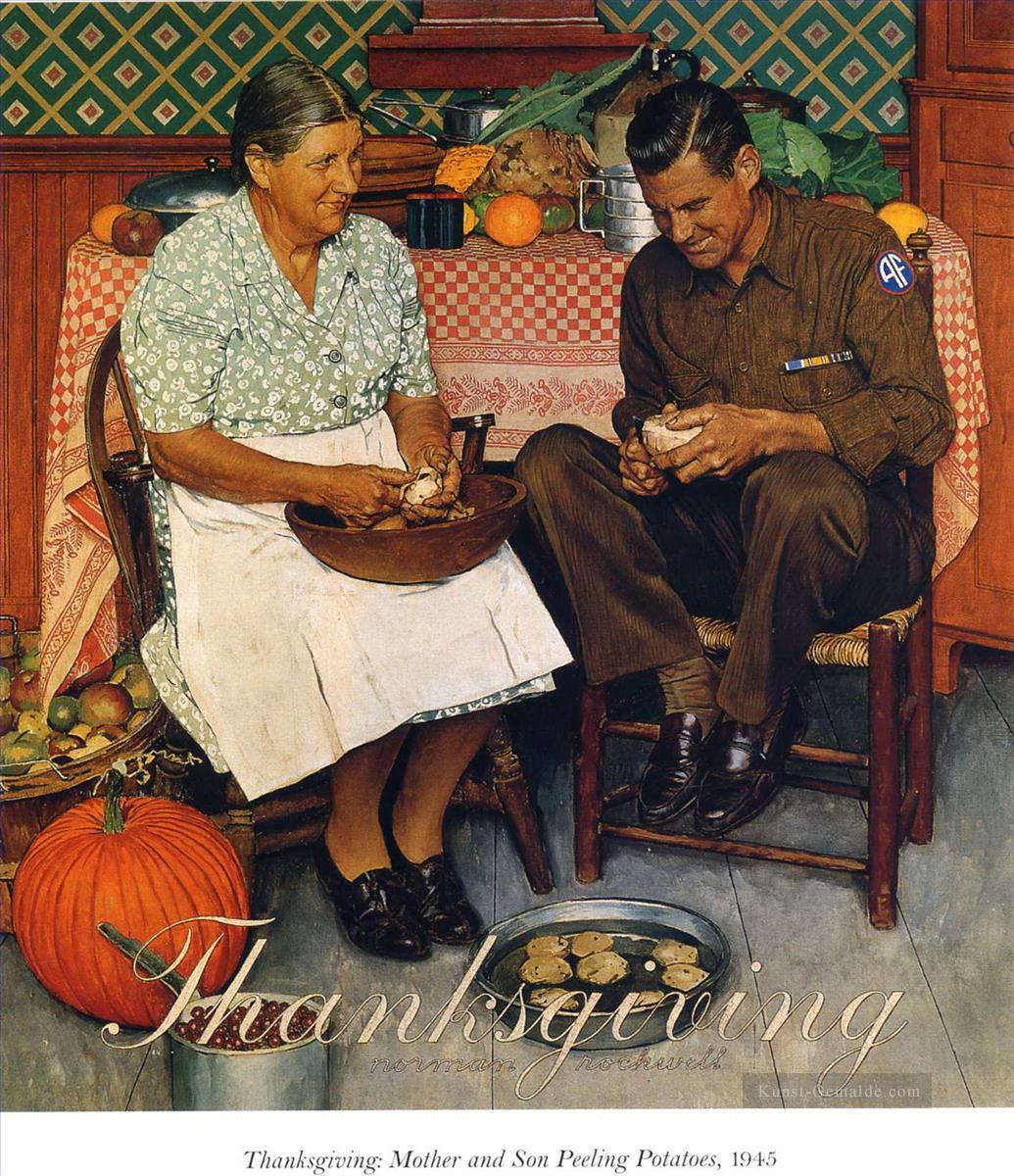 Danksagung Mutter und Sohn Schälen von Kartoffeln 1945 Norman Rockwell Ölgemälde